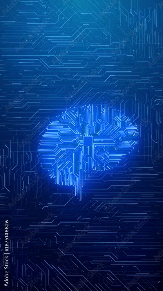 Poster human brain shaped circuit glowing neon blue, artificial intelligence, neural networks, machine lear