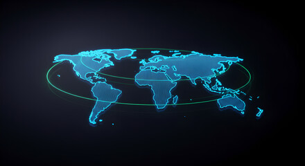 Futuristic digital world map glowing in blue with green orbiting lines, representing global connectivity and data communication.