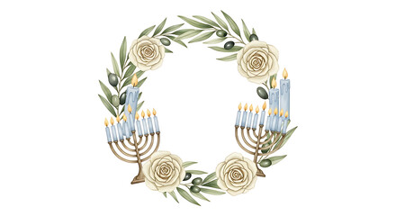 Watercolor Floral Frame with Hanukkah Menorah and Candles, Isolated Clip Art