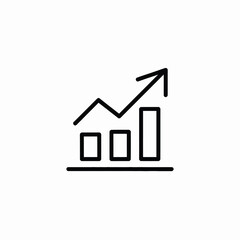 Black and white line art bar chart with upward trending arrow icon