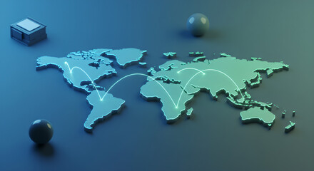 World Map with Luminous Connections, Visualizing Global Data Exchange, Communication Network, and Modern Technological Infrastructure