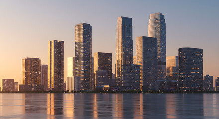Fototapeta premium Serene cityscape at golden hour with towering modern skyscrapers reflecting brilliantly in tranquil water at sunset.