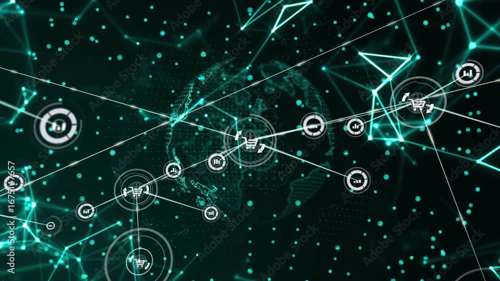 Poster opening with starfield sparking rotating dotted globe revealing expanding commerce data network