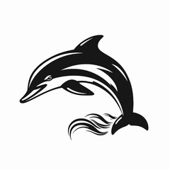 Majestic jumping dolphin with elegant artistic tail in black silhouette