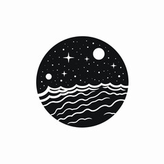 Minimalist night ocean waves, stars, and moon dreamy black silhouette