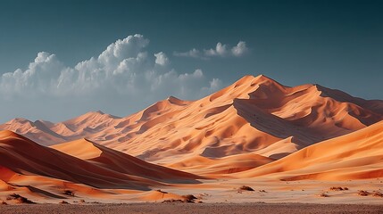 Naklejka premium Wide desert dunes under golden sky with empty open horizon, minimal warm landscape of sand, dry climate wilderness and peaceful panoramic scenery.