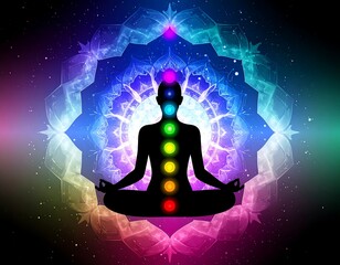 Silhouette of person in meditation pose, chakras