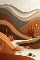 Abstract landscape art in earthy tones with layered hills and textured vegetation.