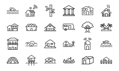 House and Home Outline Icons Set – Cottage, Villa, Cabin, Igloo, Farmhouse, Beach House, Bamboo House, Modern Apartment, Barn, Treehouse, Caravan, Vacation Home, Suburban House, Traditional Building, 