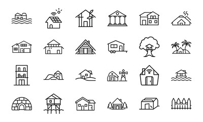House and Home Outline Icons Set – Cottage, Villa, Cabin, Igloo, Farmhouse, Beach House, Bamboo House, Modern Apartment, Barn, Treehouse, Caravan, Vacation Home, Suburban House, Traditional Building, 