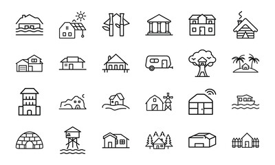 Fototapeta premium House and Home Outline Icons Set – Cottage, Villa, Cabin, Igloo, Farmhouse, Beach House, Bamboo House, Modern Apartment, Barn, Treehouse, Caravan, Vacation Home, Suburban House, Traditional Building, 