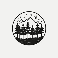Minimalist mountain landscape with pine trees, and flying birds silhouette