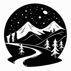 Majestic mountain range under starry night sky and moon silhouette