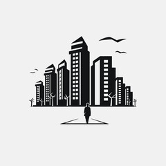 City skyline and person, vector illustration, dark monochrome urban silhouette