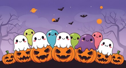 Obraz premium Cute halloween background with ghosts sitting on pumpkins with bats and moon in the night sky, perfect for holiday season and party celebration