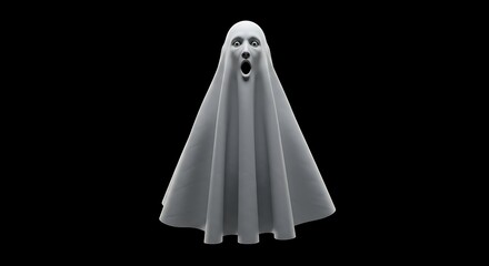 A ghostly figure draped in white fabric with a surprised expression against a black background space