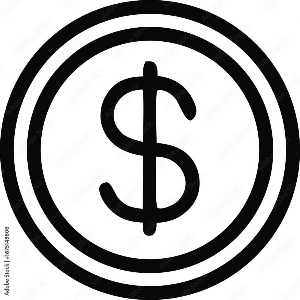 Poster simple black and white icon representing a dollar coin or currency symbol for financial concepts and