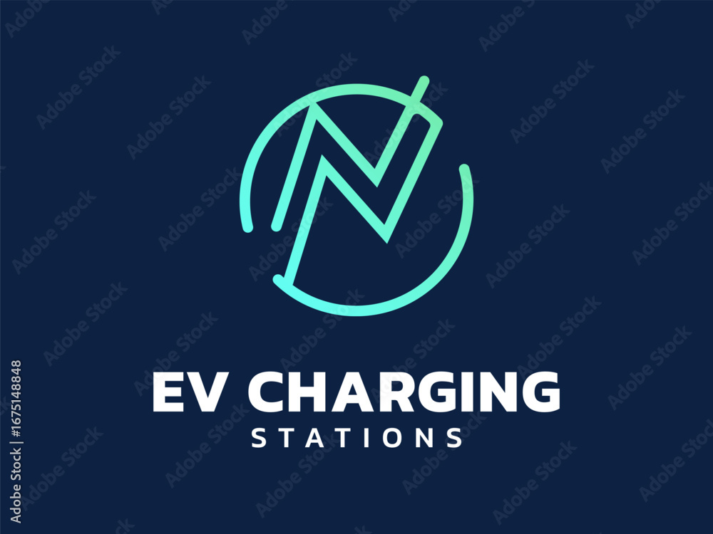 Poster electric vehicle charging with overlapping lightning bolt symbol in circle lines logo vector design 
