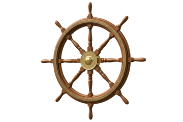 Wooden ship steering wheel with eight spokes and a brass center isolated on a transparent background