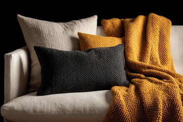 Elegant sofa arrangement with textured pillows and a warm yellow blanket.