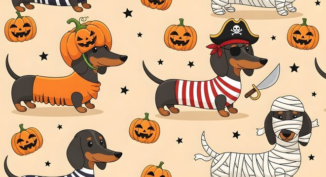 Seamless halloween pattern featuring cute dachshunds dressed in various costumes like pumpkin, pirate, and mummy, along with pumpkins and stars on a festive background