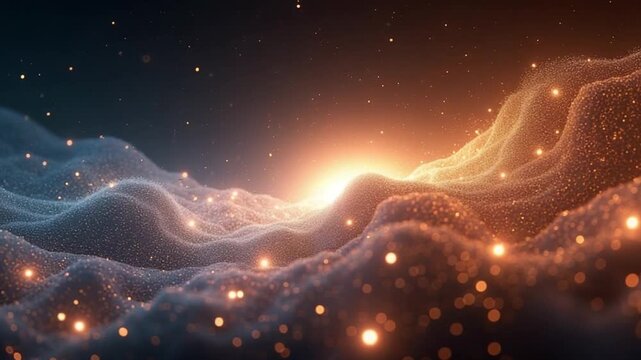 Abstract visualization of hyperspace with celestial bodies looking like a cloud of many glowing lines. Animation. Outer space with many shining white and golden stripes.