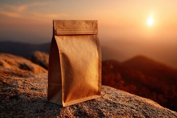 Brown paper bag on a mountaintop at sunset