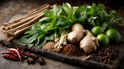 Assorted Asian herbs and spices on rustic board
