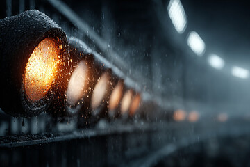 Close-Up of Stadium Lights at Night – Bright sports stadium floodlights against a dark background, perfect for sports, events, or entertainment projects.