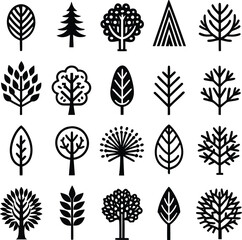 Diverse collection of stylized tree icons featuring various leaf shapes and forest silhouettes for natural themed designs © PrimeVector Art