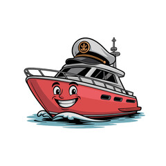 Naklejka premium Colorful cartoon-style boat sailing on calm waters with a happy captain wearing a sailor hat