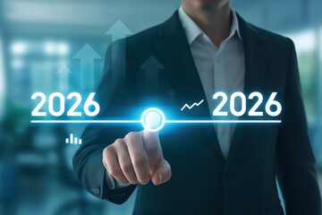A business professional interacts with a digital interface displaying the year 2026, highlighting potential future growth.