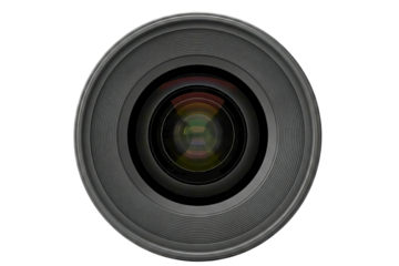 Close-up front view of a professional camera lens with coating isolated on a transparent background