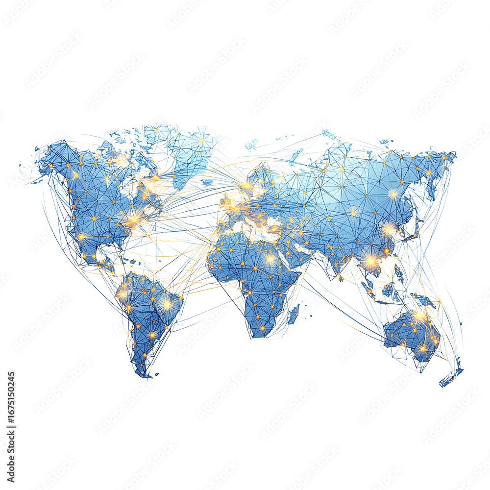 Aufkleber dynamic global network connecting cities worldwide with vibrant digital data streams and glowing poi