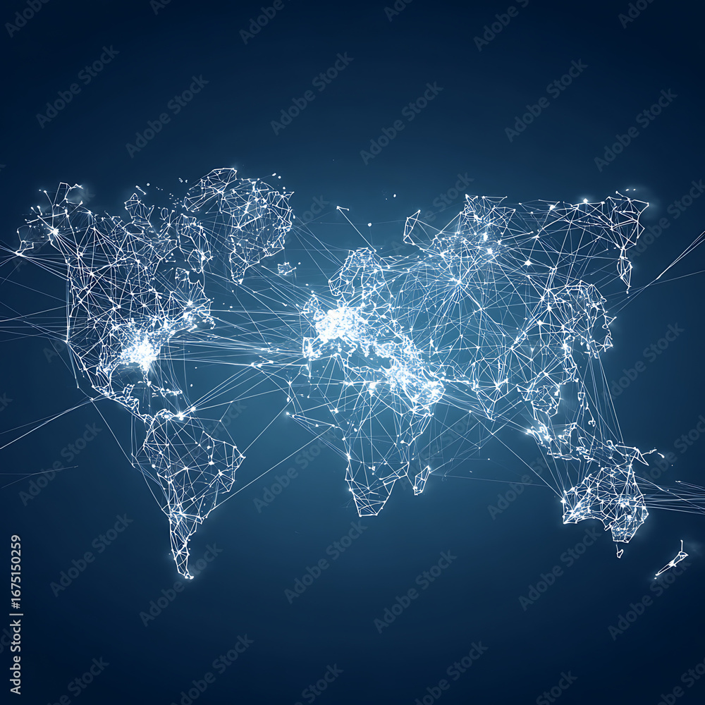 Poster global network connections illuminate the world map, showcasing interconnectedness and modern data f