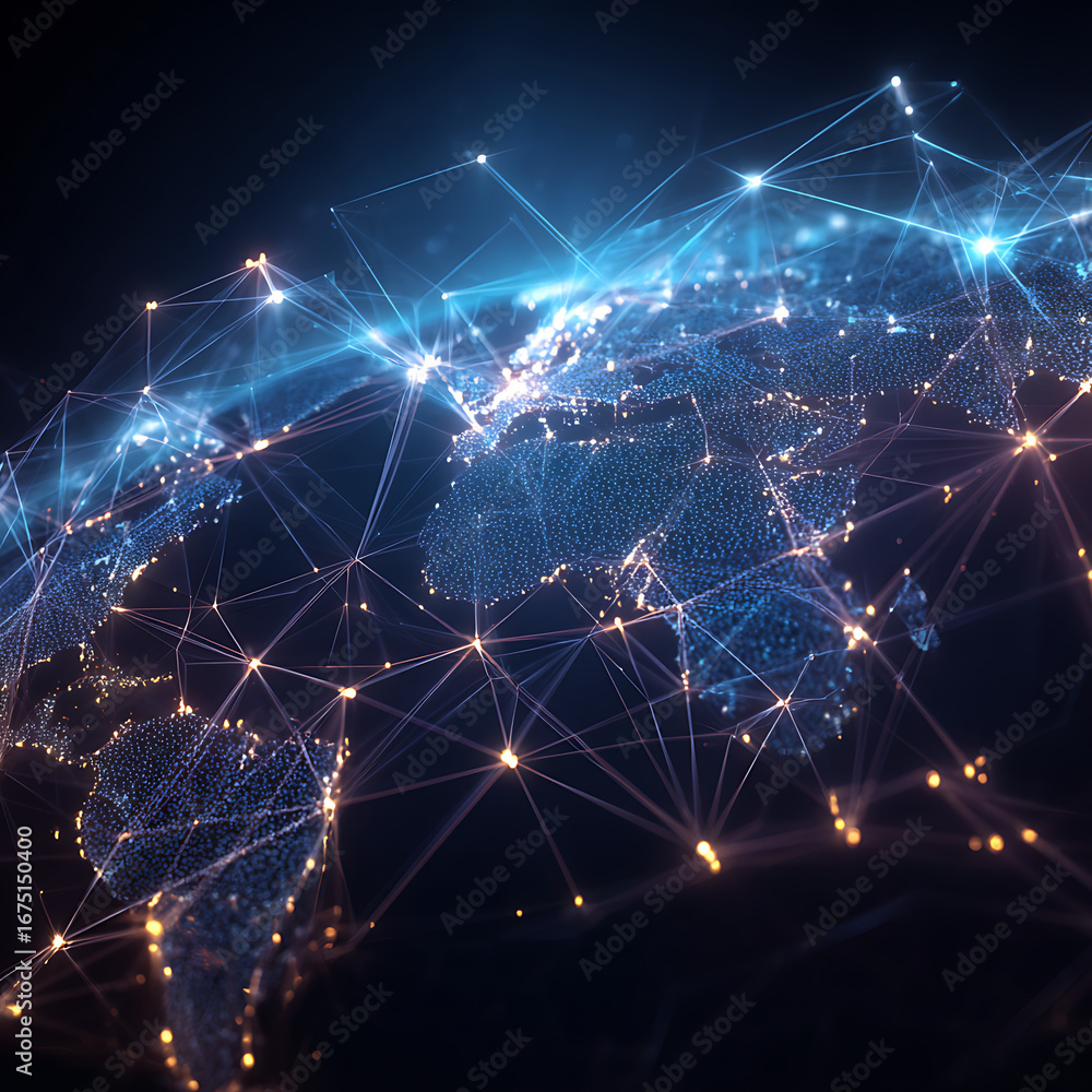 Poster global network lights connect continents in a stunning digital data visualization