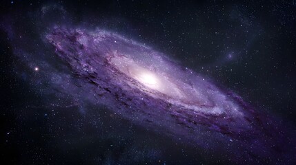 A spiral galaxy, bathed in a cosmic violet hue, radiates light across the inky blackness of space.