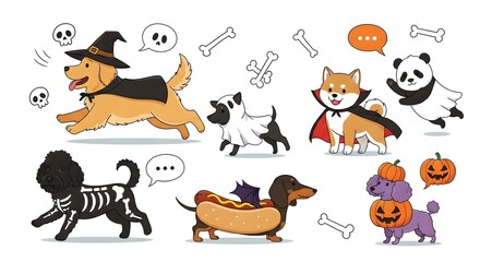 A charming illustration featuring a delightful group of dogs dressed in various halloween costumes, isolated on white background