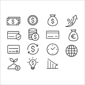 Set of financial and business icons depicting growth and investment opportunities and economic trends for modern business