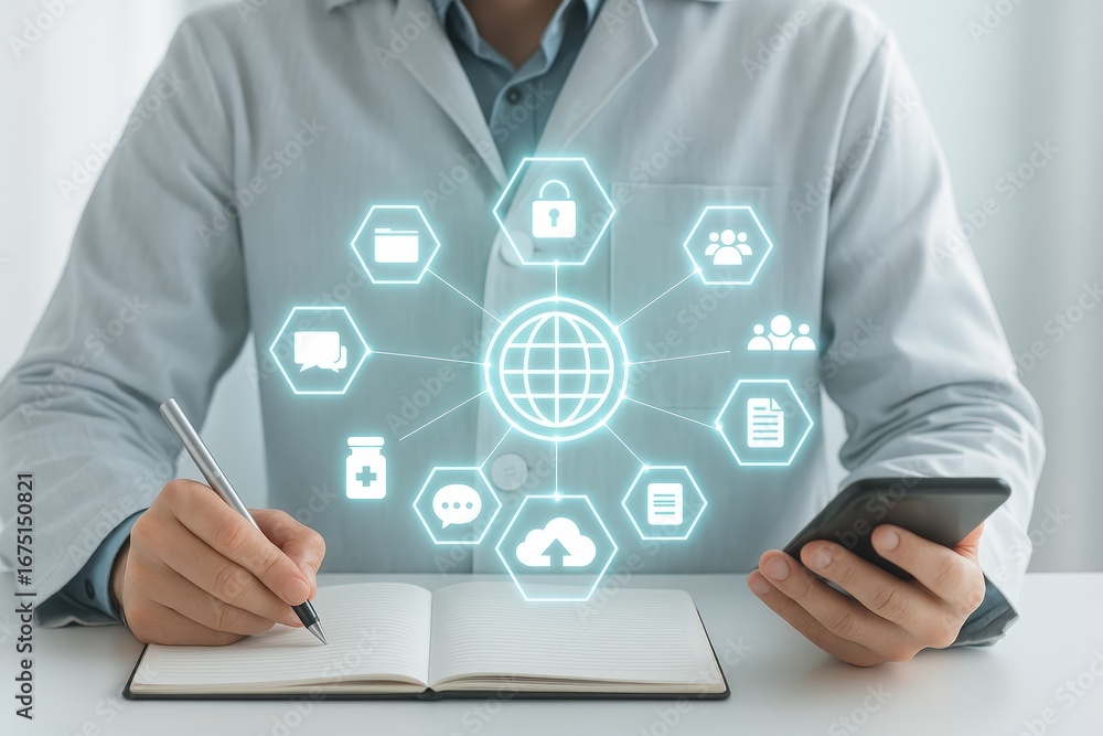 Poster a person in a lab coat, using a pen and notepad, interacts with a network of futuristic icons, sugge