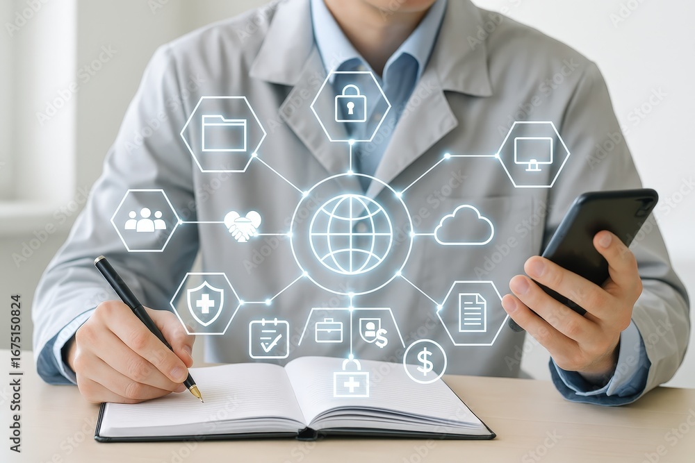 Aufkleber a person in a lab coat notes down ideas connected to global digital network with various digital ico