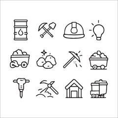 Mining Icon Set in Black and White Outlines Representing Coal Ore and Equipment for Miners and the Industry