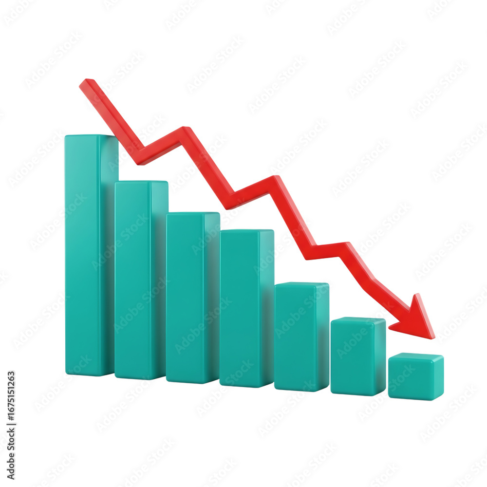 Poster decreasing bar chart with red arrow on transparent background