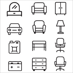 Assorted furniture and utility items icons on white background representing various household elements and automotive supplies in simple outline style