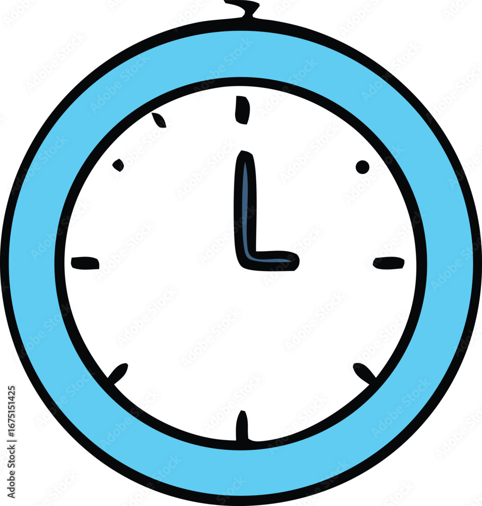 Poster charming hand-drawn clock face with blue rim telling time with simple black hands simple and clear d