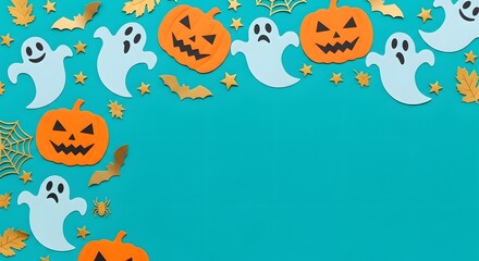 A festive halloween background with pumpkins, ghosts, bats, and autumn leaves scattered on a vibrant blue surface, creating a fun and spooky atmosphere