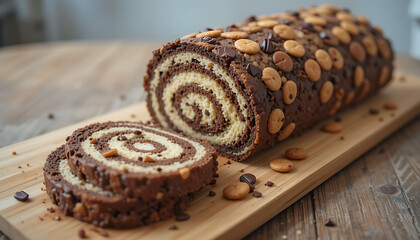 chocolate cake roll, nutty topping, wood surface, close-up shot, delicious dessert, bakery style, high quality food photography, 4K and HD image