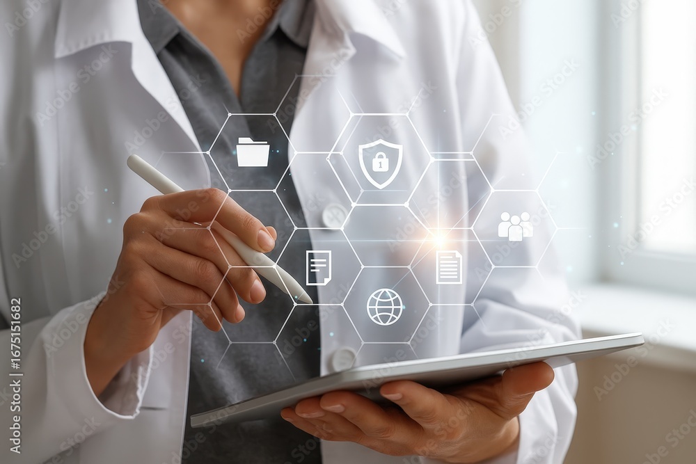Poster a person in a white lab coat interacts with a digital tablet displaying a network of security and da