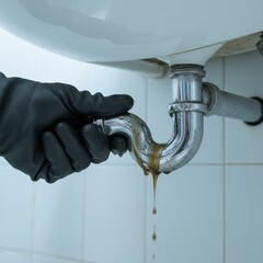 Hand Wearing a Black Glove Fixing a Leaking Pipe Beneath a Sink in a Modern Kitchen Setting