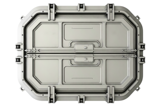 Heavy industrial science fiction style sealed airlock door isolated on a transparent background